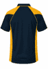A polo shirt featuring a navy body with yellow sleeves, showcasing a sporty design and a brand logo.
