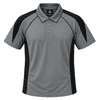 A grey polo shirt with black mesh side panels and a collar, featuring a logo on the upper back.