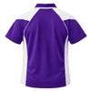 A purple polo shirt with white mesh panels on the sides and back, featuring a logo.