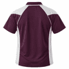 A polo shirt featuring maroon and white colours with a sporty design and a logo on the back.
