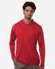 A red men's long sleeve performance polo featuring a hood and a logo.