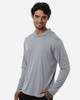 A men's long-sleeve grey performance polo with a hood, featuring a logo on the chest.