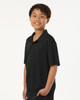 A black polo shirt designed for boys, featuring a collar and short sleeves, with a logo on the chest.