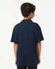 A navy blue men's polo shirt with a collar and short sleeves, featuring a logo on the back.