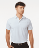 A white men's polo shirt featuring a collar and short sleeves, designed for performance. It has a branded logo.