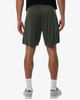 A pair of men's performance shorts in olive green, featuring a smooth design and a branded logo.