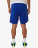A pair of blue performance shorts, featuring a smooth fabric and a relaxed fit. The view is from the back.