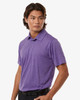 A purple polo shirt with a classic collar and short sleeves, featuring a logo on the chest.