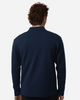 A navy blue men's polo shirt, featuring long sleeves and a collar, with a branding logo on the back.