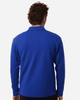 A blue men's long-sleeve polo shirt with a collar and a logo on the back.