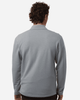 A grey long-sleeve men's polo shirt with a collar and a logo on the back.