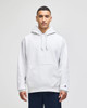 A grey pullover hooded sweatshirt with a front pocket and a logo on the sleeve.