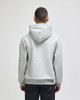 A grey hooded sweatshirt featuring a kangaroo pocket and a logo on the back.