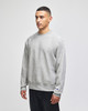 A grey Champion Reverse Weave® adult crew sweatshirt with a logo, modelled by a person.