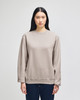 A grey Champion Powerblend® adult crewneck sweatshirt displayed on a model with long dark hair.