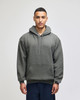 A grey adult crewneck sweatshirt with a hood and front pocket, featuring a logo on the sleeve.
