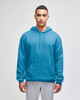 A blue pullover hooded sweatshirt with a front pocket and a logo, worn by a male model.
