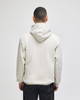 A hooded sweatshirt in cream colour, featuring a logo, viewed from the back.