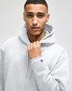 A grey hooded sweatshirt with a front pouch pocket and a brand logo on the sleeve.