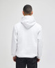 A white pullover hooded sweatshirt displayed from the back, featuring a hood and a relaxed fit.