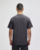 A grey pullover hooded sweatshirt, featuring a back view of a model. The design includes a logo.