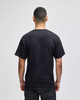 A black adult short-sleeve t-shirt with a plain back view, featuring a logo.