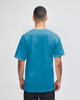 A men's short-sleeve t-shirt in a vibrant turquoise colour, featuring a logo on the back.