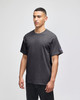 A short-sleeve adult t-shirt in dark grey with a logo on the sleeve.