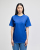A blue short-sleeve t-shirt displayed on a model, featuring a relaxed fit and plain design.