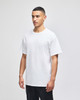 A white short-sleeve t-shirt displayed on a model, featuring a logo on the front.