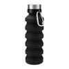 A drink bottle in black silicone with a silver cap and a carabiner attachment, featuring a collapsible design.