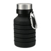 A drink bottle made of black silicone, featuring a collapsible design and a silver screw-on lid with a carabiner.
