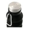 A drink bottle in black silicone with a stainless steel cap and a carabiner clip, featuring a logo on the cap.