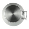 A drink bottle in silver with a stainless steel finish and a handle, featuring a branding logo.
