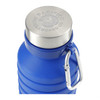 A drink bottle in vibrant blue with a stainless steel cap and a carabiner attached, featuring a logo on the cap.