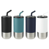 A drink bottle featuring a stainless steel base and a plastic body in black, teal, navy, and white with straws.