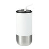 A drink bottle featuring a white exterior and stainless steel base, with a removable straw and branding on it.