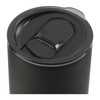 A drink bottle with a dark green finish and a lid featuring a sliding closure mechanism. It has a logo.
