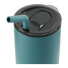A drink bottle in teal with a black lid and a light blue stainless steel straw, featuring a logo on the lid.