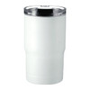 A drink bottle in matte white with a clear lid and a logo. Suitable for both tumbling and cooling beverages.
