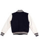 A kid's varsity jacket featuring a navy body with white sleeves and striped cuffs, complete with a logo.