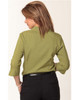 A women's 3/4 sleeve shirt in olive green, featuring a collar and a back view with rolled sleeves.