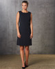 A women's shift dress in black, featuring a sleeveless design and a simple, elegant silhouette.