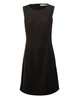 A sleeveless black women's shift dress with a fitted bodice and a flared skirt. It features a back zip and a simple design.
