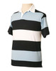A short sleeve rugby top featuring black, white, and light blue stripes, with a collar and a logo.