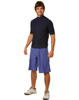 Men's surf shorts in purple, made from 100% polyester with a peach finish, featured on a model. Includes a logo.