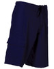 Men's surf shorts in navy blue, made from 100% polyester with a peach finish, featuring a side pocket and drawstring.