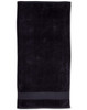 A dark, terry velour beach towel measuring 75x150 cm, featuring a simple design with a logo.