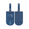 A blue luggage tag with a round attachment, featuring a logo and a sleek design for easy identification.