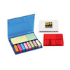 A set of sticky notes and flags in a blue case, with pink, yellow, green, and red notes inside. Includes a white case with flags.